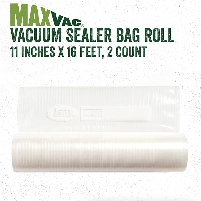 LEM Products MaxVac Vacuum Sealer Bag Roll, 11" x 16', 2 Count | Make Custom Sized Bags for Food Storage, Puncture Resistant, Compatible with Major Vacuum Sealer Brands