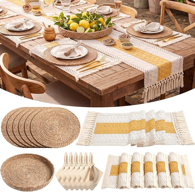 6 Sets Boho Decoration Placemats Round Woven Placemats, Cloth Napkins, Wood Bead Napkin Rings, Long Table Runner and Farmhouse Burlap Cotton for Table Kitchen (Yellow,12x72)