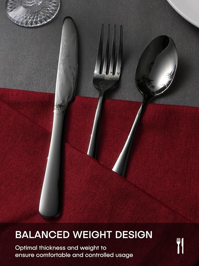 Black Silverware Set, 40 Piece Food-Grade Stainless Steel Flatware Set for 8 Include Spoons Knives and Forks Mirror Polished Rust-proof Modern Design Dishwasher Safe