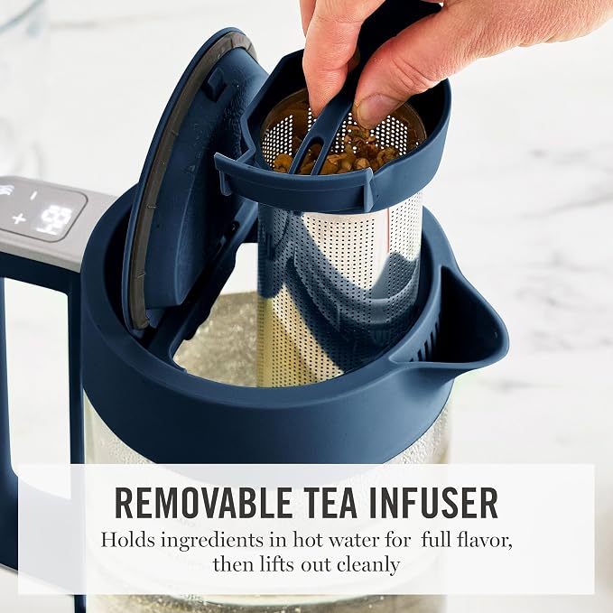 Martha Stewart 1.7L Glass Carafe Electric Kettle with Removable Tea Infuser | 7 Cups, 4 Presets, Rapid Boiling, Stainless Steel Tea Leaf Infuser, Cordless Swivel Base, Keep Warm, Auto Shut-Off, Indigo