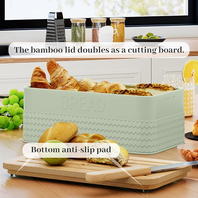 Bread Box for Kitchen Countertop - Metal Bread Storage with Bamboo Cutting Board Lid & Bread Knife, Corner Bread Container for Homemade Bread and Toast, Green