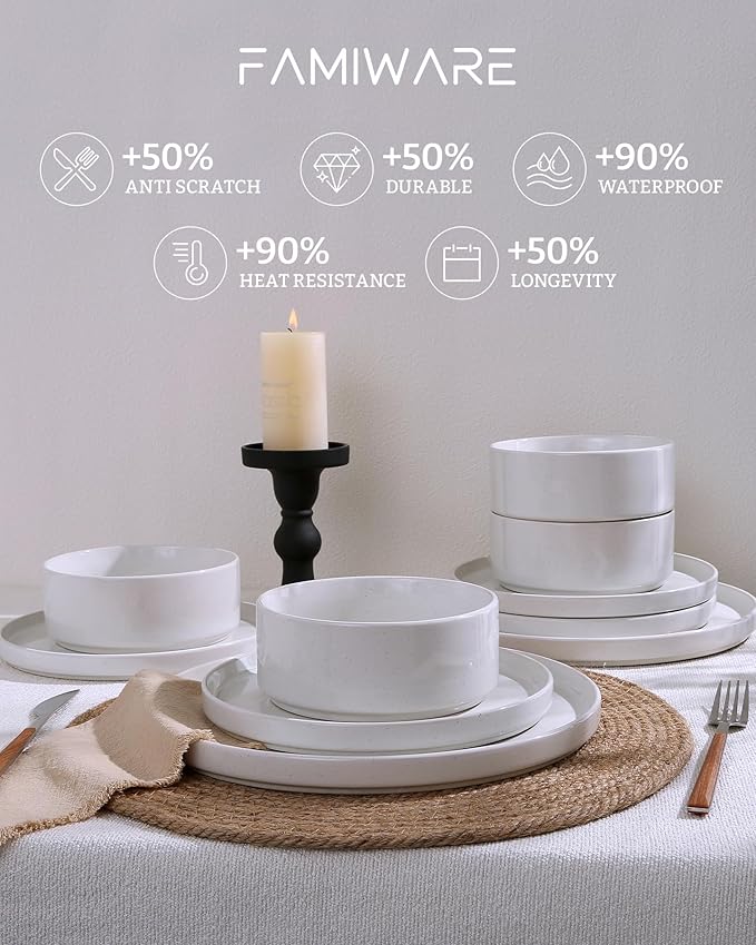 Famiware Nebula 16-Piece Dinnerware Set with Pasta Bowls, White | Stoneware Plates and Bowls, Service for 4 - Chip & Scratch Resistant, Microwave & Dishwasher Safe