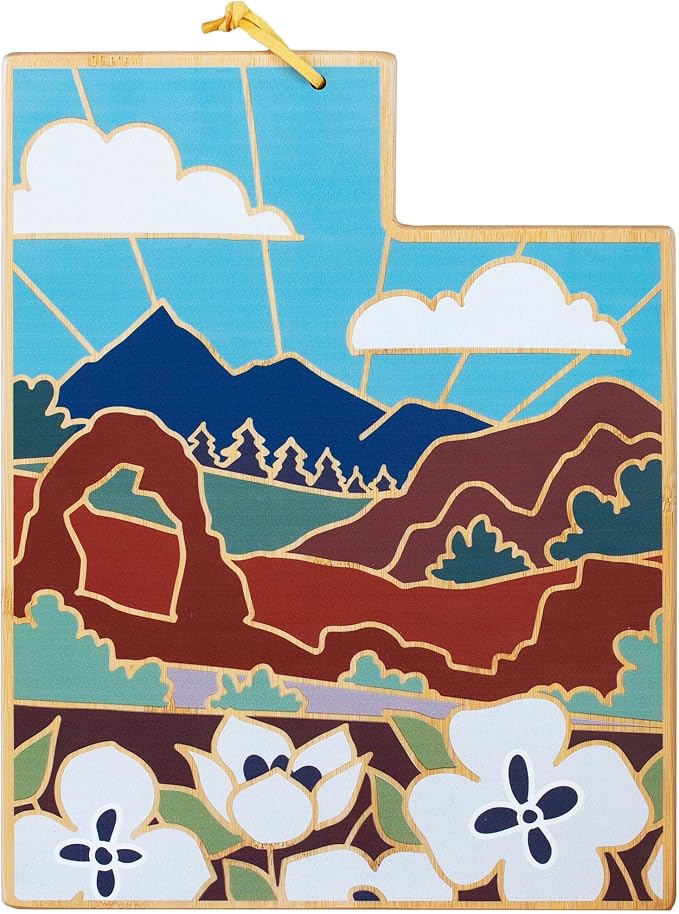 Totally Bamboo Utah State Shaped Cutting Board, Summer Stokes Art | State charcuterie board with colorful hand-drawn landscape art. Smooth reverse side for food prep. Hang tie for wall display.