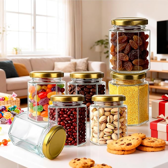 30 Pack 6 oz Glass Jars with Gold Lids - Airtight Hexagon Honey Jars | Jams, Spices, Baby Shower, Party & Wedding Favors - 180ml Food Grade Canning Jars for Small Business & DIY Crafts