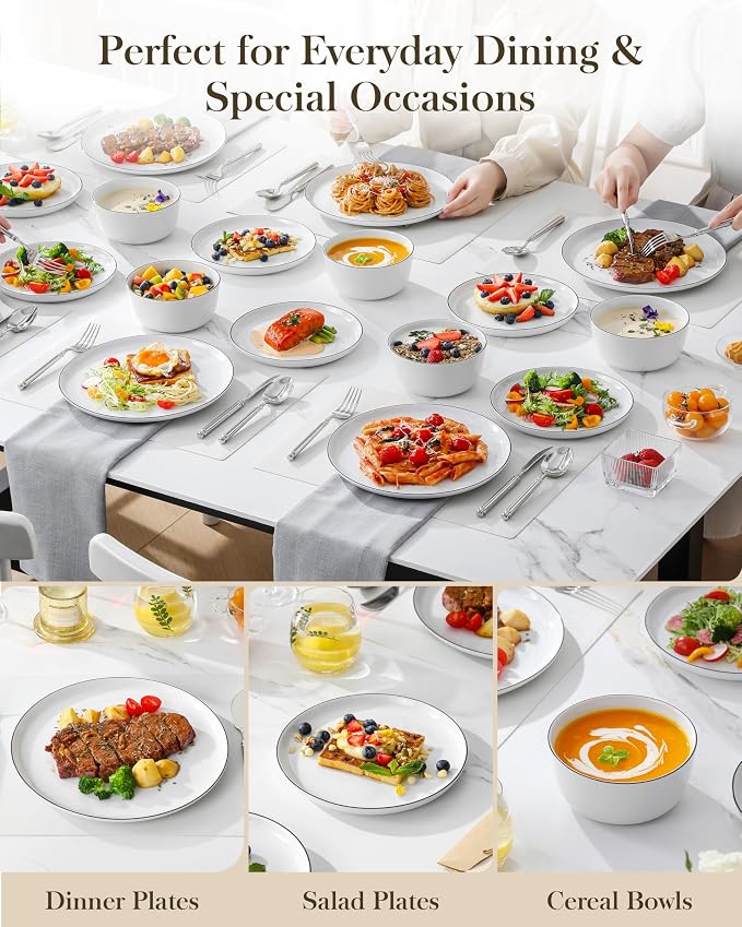 MALACASA 18-Piece Dinnerware Set for 6, White Black-Rim Porcelain Dishes | High-Fired Porcelain, Chip and Scratch Resistant, Microwave and Dishwasher Safe, Dinner, Salad Plates and Cereal Bowls