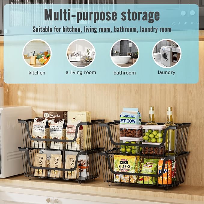 6 Pcs Stackable Wire Baskets for Pantry Organizers and Storage, | Vegetable Fruit Basket for Countertop,Kitchen Storage Metal Baskets,Produce Potato Onion Storage Bin,Black