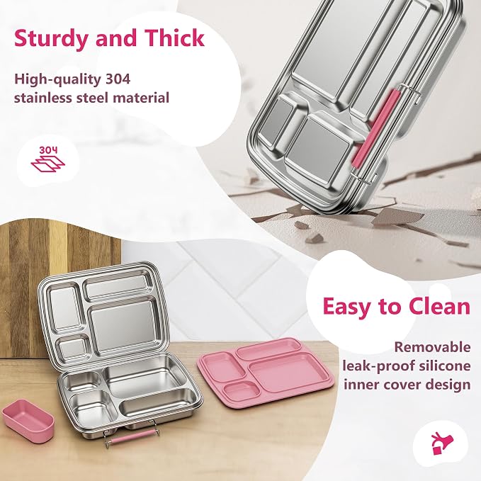 Stainless Steel Bento Lunch Box for Kids & Adults, 4 Compartment Kids Lunch Box, Metal Bento Box with Silicone Container and Stainless Steel Sauce Container,BPA-Free,School,Office(Pink)