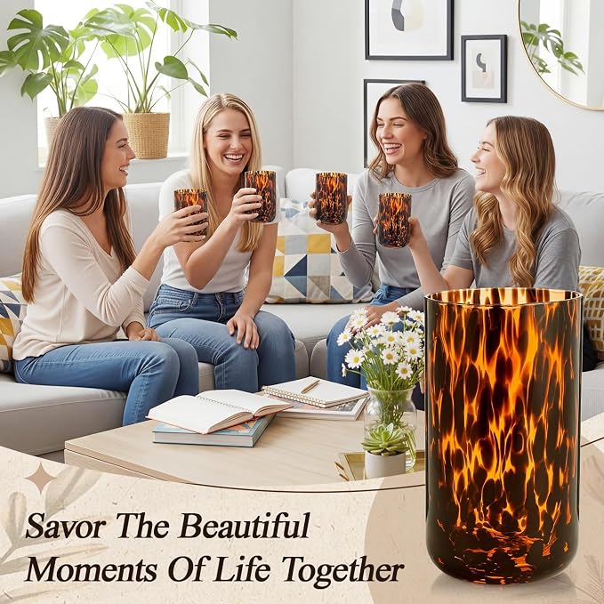 SiliFine Set of 2 Tortoise Shell Highball Glasses, 17 oz Brown Decorative Drinking Glasses, Hand Blown Leopard Print Glassware for Home Decor, Cocktail Party, Housewarming, Wedding Gifts