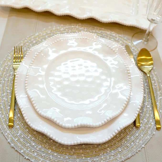 Perlette Off-White Beaded 12-Piece Dinnerware Set – Includes 4 Dinner Plates, 4 Salad Plates, 4 Bowls (7.5" x 2", 22 oz) – Elegant Unbreakable Melamine, Heavyweight, Perfect for Indoor/Outdoor Dining
