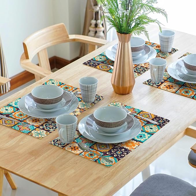 Boho Floral Placemats Set of 4, Retro Flower Geometric Place Mat Bohemian Floral Cloth Tablemats Non-Slip Washable Tabletop Mat 12x18 Inch for Indoor Outdoor Dining Party Table Decor