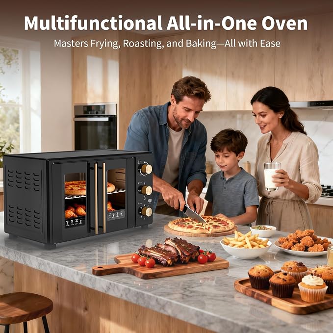 VBGK French Door electric Knob Oven, 35 QT Extra Large Oven,18-Slice Convection Oven3-Control Knobs, Bake Broil Toast Grilled Meat Keep Warm, black Metal,Equipped with a tray and a rack.