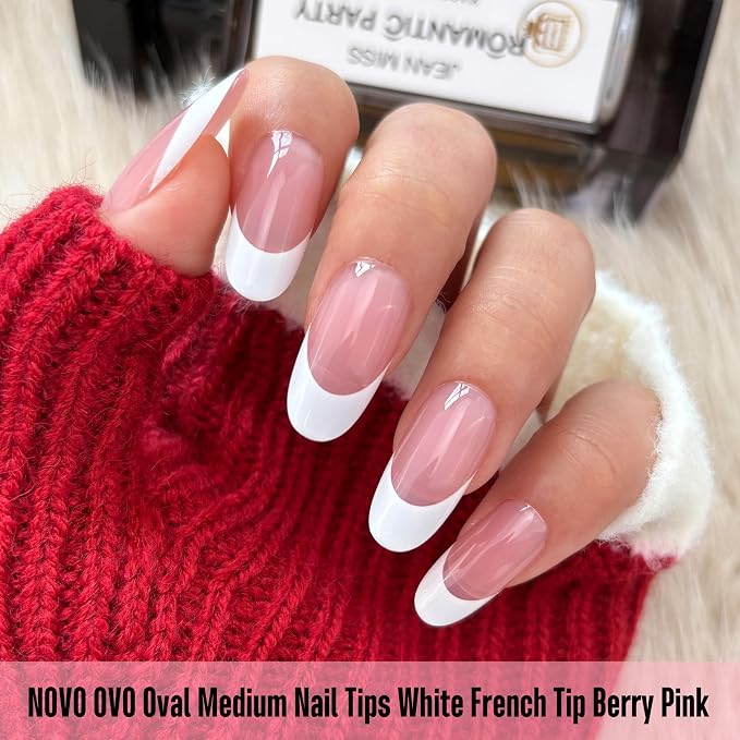 NOVO OVO White French Tip Oval Nail Tips Press on BERRY PINK, Extra Thick Medium Soft Gel Fake Nail Acrylic Extension, Need Builder Gel Top Coat, No Glue Included, for Salon DIY x 15 Sizes 240 pcs