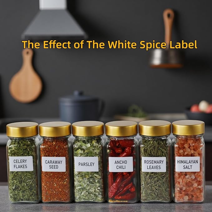 6 Pack Spice Jars with Labels - 4oz Square Glass Seasoning Containers with Shaker Lids & Airtight Metal and Plastic Caps - Complete Spice Organizer Set for Cabinet, Drawer & Rack (6)