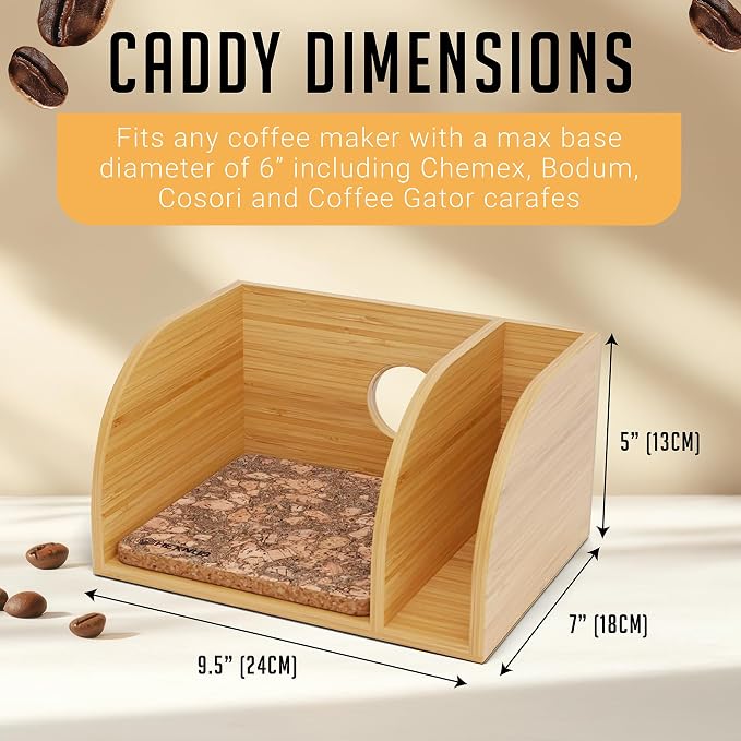Pour Over Caddy with Lid for Chemex Bodum Cosori Coffee Makers Cork | Handmade Bamboo Stand, Lid, Filter Holder, Heatproof Mat for a Cleaner Coffee Station
