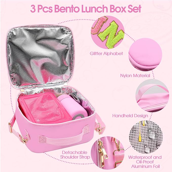PainZieteg Pink Lunch Box for Girl with 10oz Thermo 6 Compartment Bento Set | Nylon Insulated Lunch Bag with Adjustable Strap, Ideal for Kids and Teens School, Travel and Picnic, Leakproof Thermal Pouch