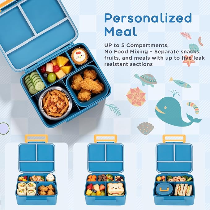 Kids Bento Lunch Box with 8oz Thermo, Ice Pack & Dividers for School | Food Container 5 Compartments,Insulated Food Jar,Keep Warm&Cold,Removable Dividers,Leak-Resistant,BPA-Free,Easy to Clean