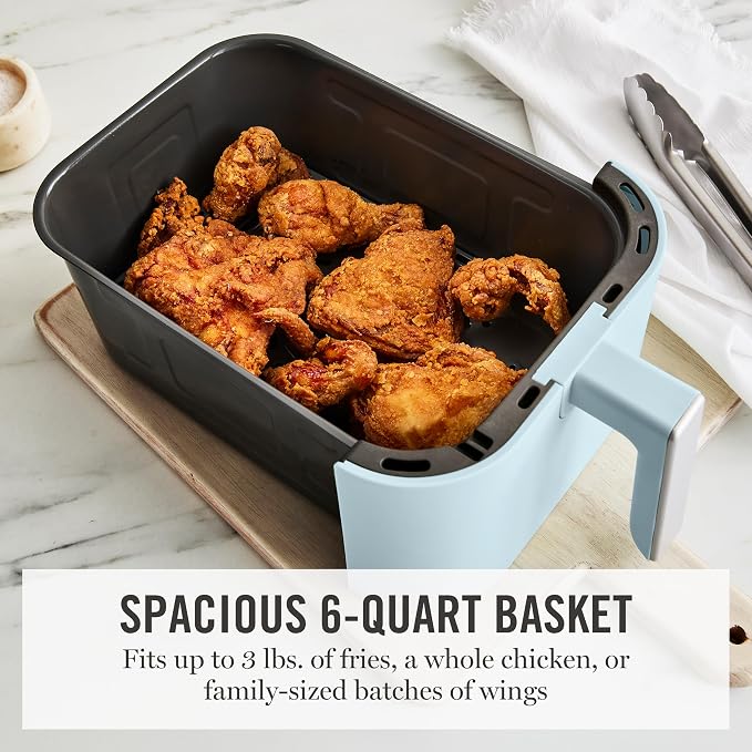 Martha Stewart 6-Quart Air Fryer, 6 Presets, Space Saving, Sky Blue | 3lb Capacity, PFAS-Free Ceramic Nonstick Basket & Tray, Bake, Roast, Broil, Dehydrate, Reheat, Shake Reminder, Heat up to 400