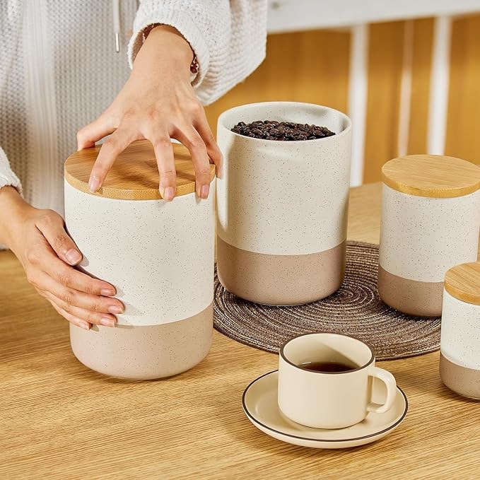 Kitchen Canister for Counter, Ceramic Food Storage Containers with Lids | 80 OZ Ceramic Food Storage Jars with Airtight Wood Lidsc,Countertop & Pantry Organization for Flour, Sugar, Coffee, Tea