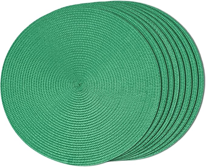 FunWheat Round Braided Placemats Set of 8 Table Mats for Dining Tables Woven Washable Non-Slip Place mats 15 inch(Holly Green, 8pcs)