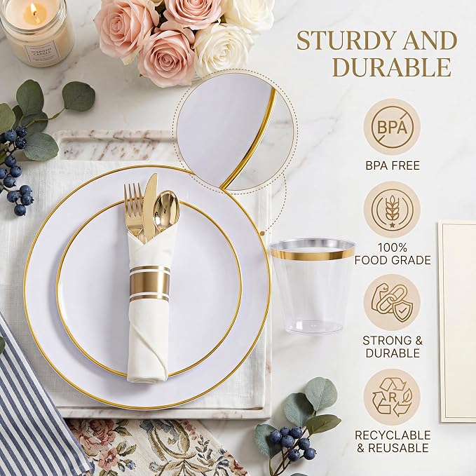 KIRE 175PCS Gold Plates Disposable - Heavy Duty White and Gold Plastic Plates Dinnerware Sets - 25 for Dinner 25 for Dessert 25 Pre Rolled Napkins and 25 Cups for Birthday/Wedding/Party