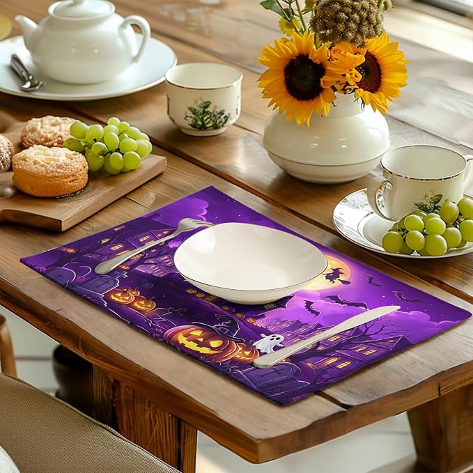 Purple Halloween Placemats Set of 4 Castle Witch Bats Pumpkin Spooky Place Mats Farmhouse Fall Holiday Table Mats for Party Kitchen Dining Outdoor Indoor Decor