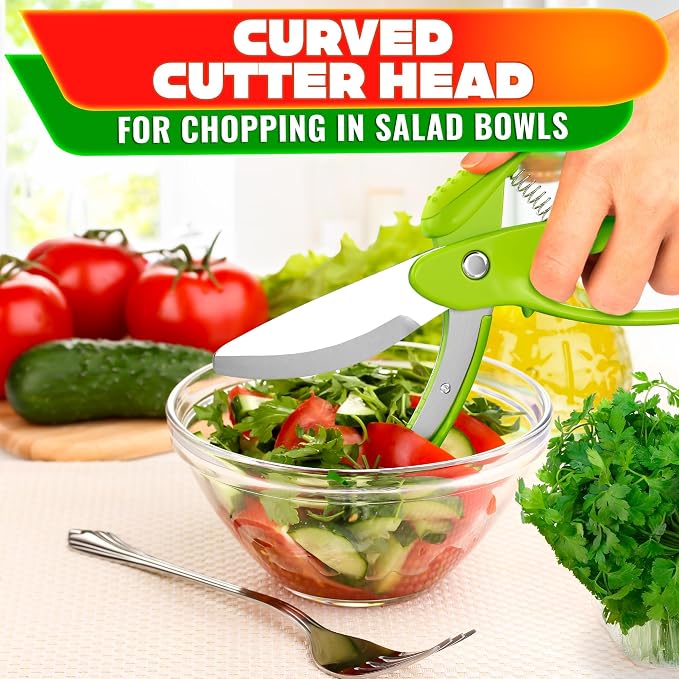 Salad Scissors for Chopped Salad, 8.9 In Stainless Steel | Double-Blade Lettuce Chopper Scissors; Chops Greens, Tomato & Herbs in Bowl, No Knife Needed; Anti-Splash Head; Safety Lock