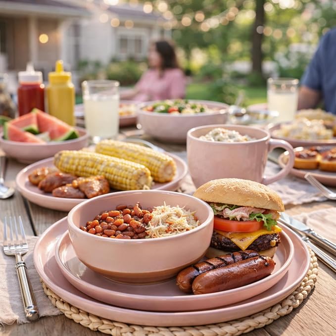 AmorArc Dinnerware Sets for 4, 12 Pieces Ceramic Plates and Bowls Set | Scratch Resistant Stoneware Dishes Set, Dishwasher & Microwave Safe, Cloud Pink