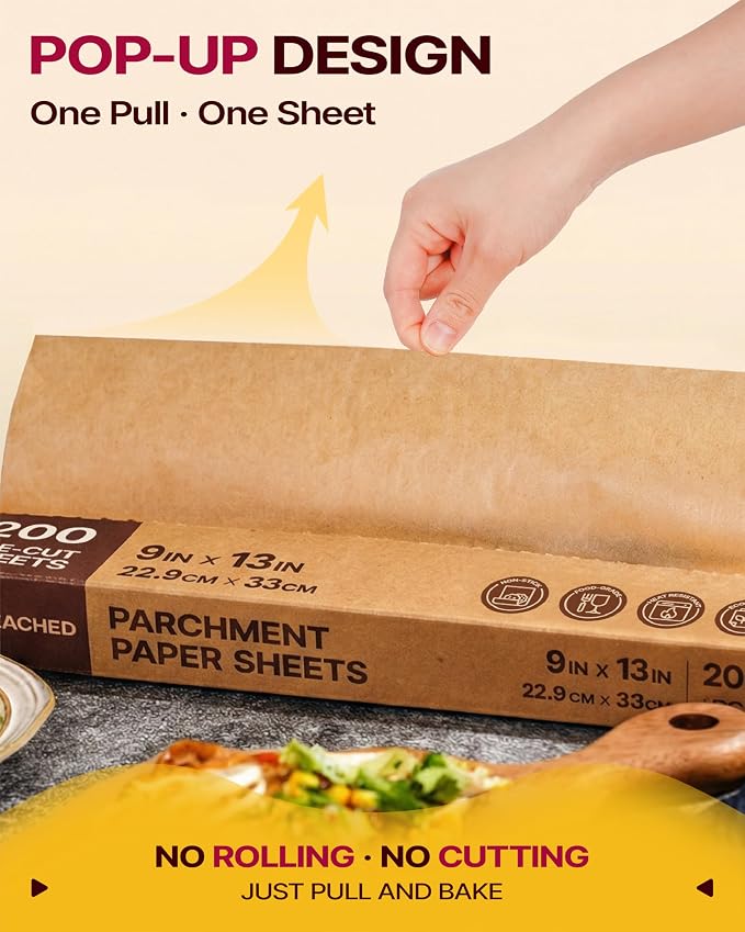 Katbite Parchment Paper Sheets Pop-Up 200 PCS, 9x13 Inches Precut Heavy Duty Baking Parchment, Extra Strong, Unbleached, Non-stick, Non-toxic, Flat Baking Paper for Oven, Cooking, Grilling, Air Fryer