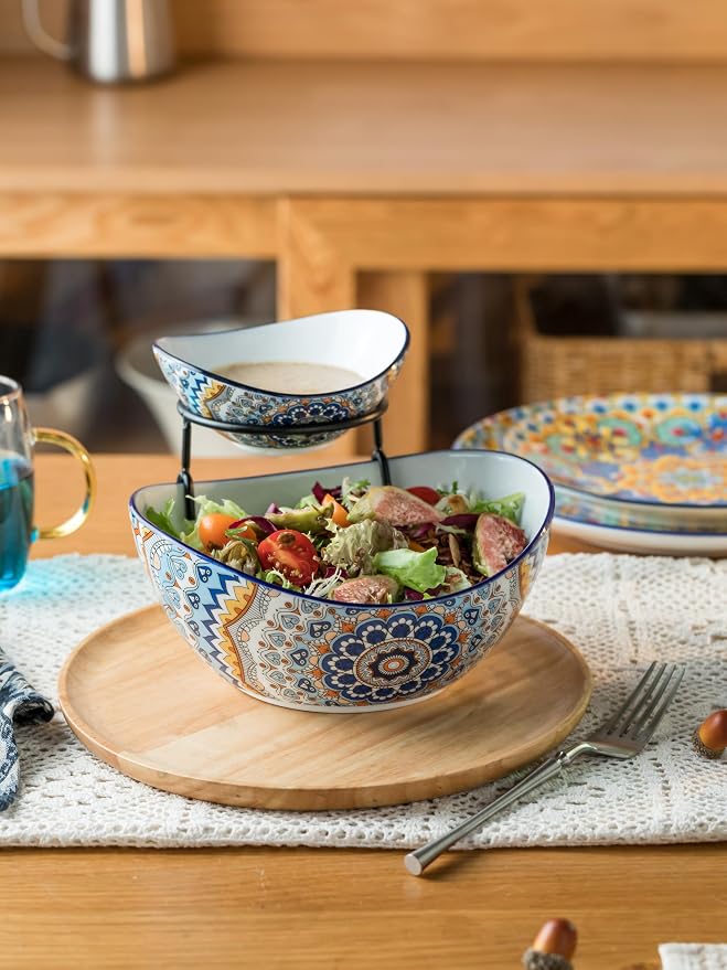 YHOSSEUN Chip and Dip Serving Set, 2 Tierd Serving Bowl Set | Ceramic Chip Dip Bowls Platters with Stand, Serving Dishes for Entertaining Appetizer Serving Food Display Stand for Parties