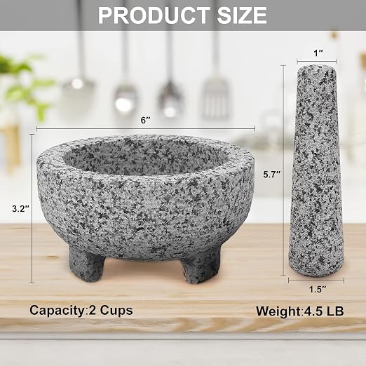 Mortar and Pestle Set, Unpolished Granite Grinder Bowl 6 Inch - 2 Cups | For Herbs Pesto Pastes Seasonings Grinder, Guacamole, With Non-Slip, Matsmolcajete mexicano