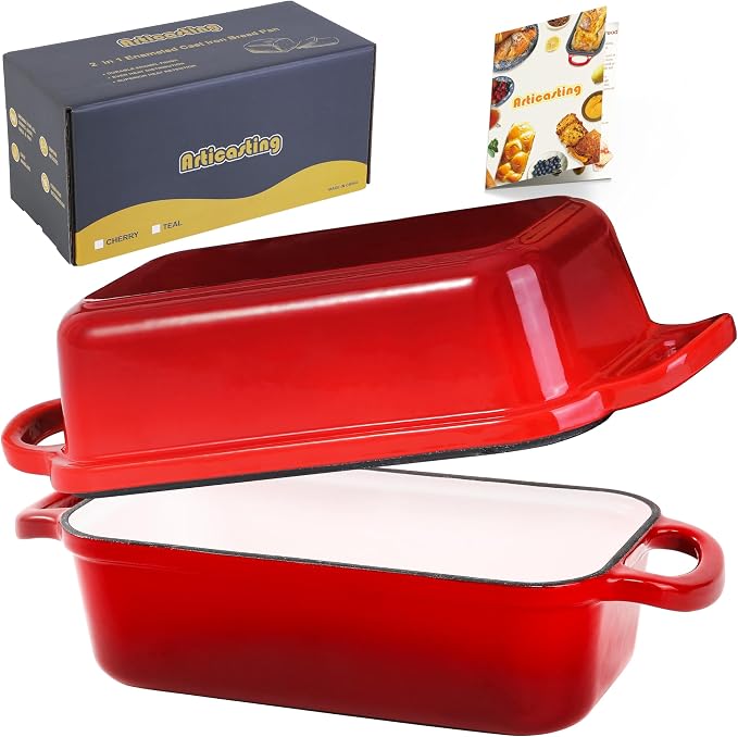 Cast Iron Loaf Pan with Lid, 9x5 Loaf Pans for Homemade Bread | Cast Iron Bread Pan for Sourdough Baking, 9x5 Loaf Pan with 2-In-1 Design, Even Heat Distribution, Red Enameled