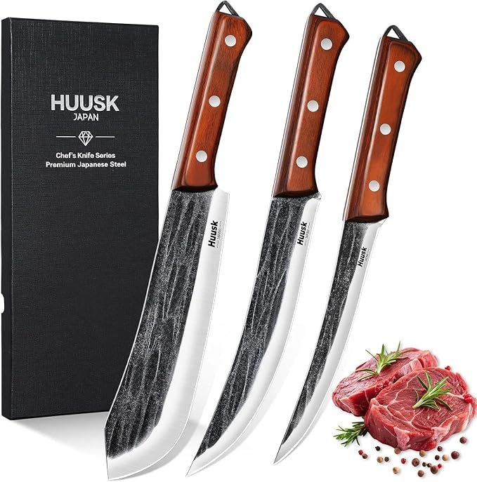Huusk 3PCS Butcher Knife Set for Meat Cutting, Gifts for Men Women | Japanese Steel Carving BBQ Brisket Knives with Ergonomic Handle, Hand-forged Meat Knife Set for Home and Camping
