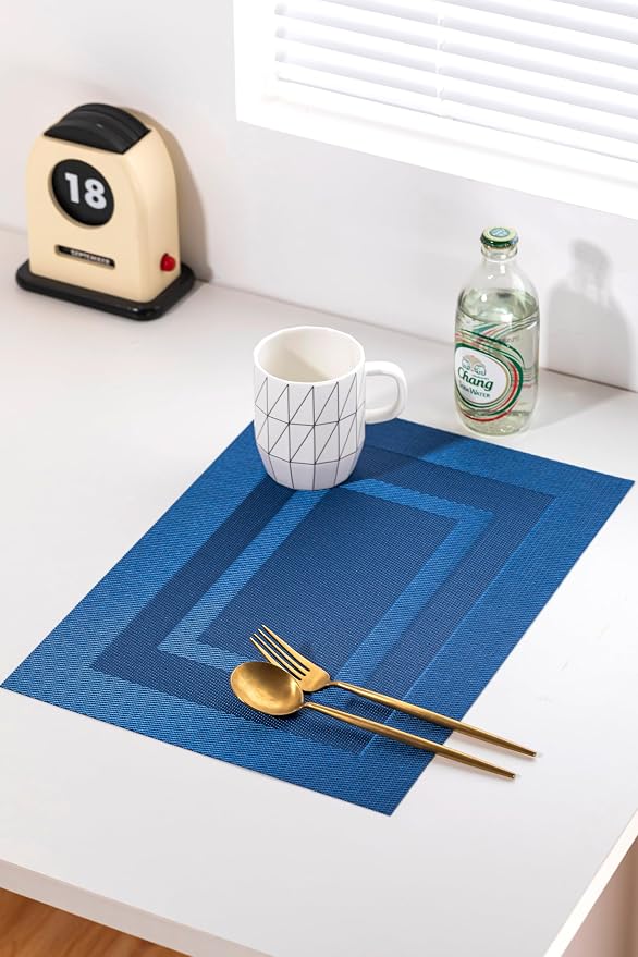 LEXMORE Placemats Set of 6 Vinyl/Plastic Woven Place Mats for Kitchen Table Indoor/Outdoor Washable Placemat Wipeable Dining Table Mats(Navy Cube)
