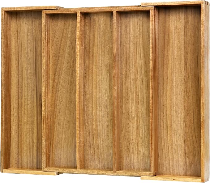 VaeFae Bamboo Drawer Organizer, Large, Acacia | Expandable Silverware Organizer, Kitchen Utensil Storage, Wooden Cutlery Tray with Dividers, Fork and Spoon Holder