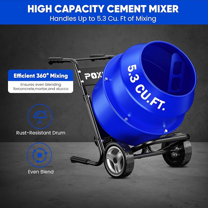 140L Electric Cement Mixer With a Bracket, 5.3 Cubic Ft. 750W 1HP Portable Concrete Mixer Machine with Stand And Wheels for Stucco, Mortar, Seeds, Blue-2026 Upgraded