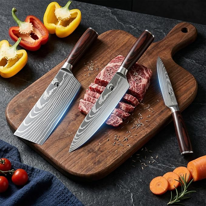 Kitchen Knife Set 3 Pieces, Professional Chef Knives Set Gift Box | High Carbon Stainless Steel Chef Knife Set with Ergonomic Pakkawood Handle, Sharp Cooking Knives for Kitchen & Home Cooking