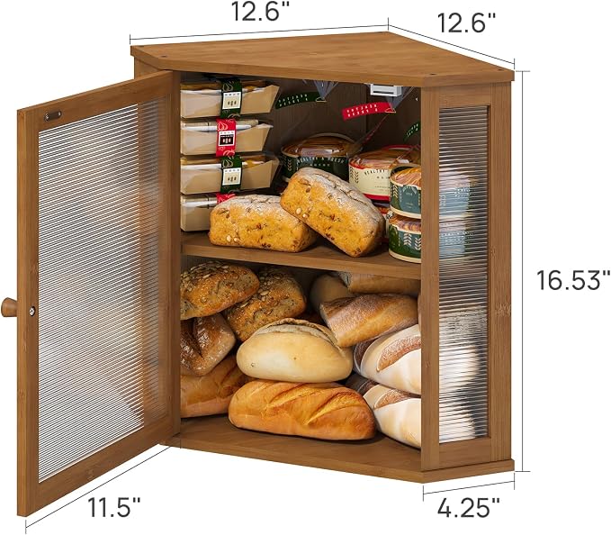 viewcare Corner Bread Box for Kitchen Counter, Bamboo Wood Large Capacity Bread Storage Bin with Acrylic Wavy Door Panel (Brown, Extra Large)