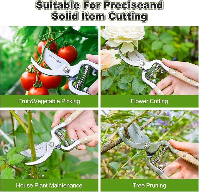 Berry&Bird 8'' Bypass Pruning Shears with Wooden Handle, Curved Blade Garden Hand Pruner, Stainless Steel Scissors Ultra Sharp Clippers for Gardening Trimming Cutting Bonsai Plant Flower & Picking