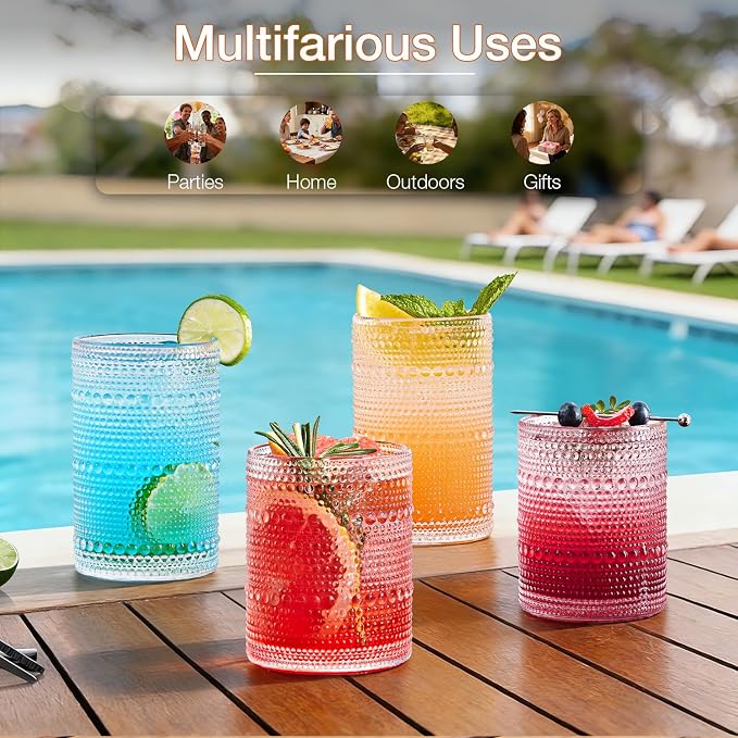 Drinking Water Glass Cups Set,Crystal Hobnail Glass set of 8,15oz&12oz | Unique Design Vintage Tall Glass Cups Sets for Whiskey,Cocktail,mocktails