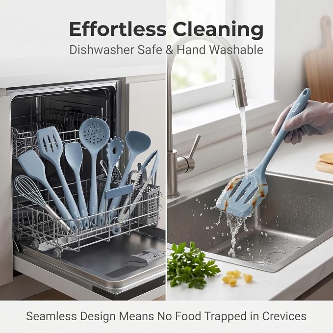 Vayvnt Silicone Cooking Utensil Set, 10PCS Utensils for Non Stick Pan, Blue | Heat Resistant 480℉, One-piece Design, Food Grade, Non Toxic Silicone Kitchen Utensils, Easy Cleaning, Dishwasher Safe