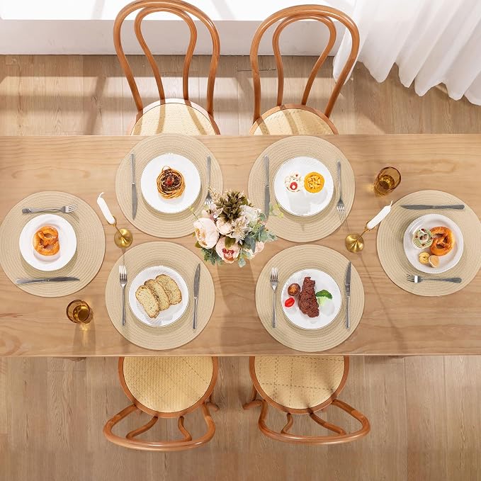 SHACOS 15 inch Round Braided Placemats Set of 6 Cotton Polyester Heat Resistant Table Mats Washable Place Mats for Dinner Party Table Decoration (Light Beige, 6)