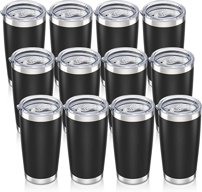20 oz Tumbler with Lid Stainless Steel Insulated Tumblers Bulk Cups Mug | Double Wall Vacuum, Powder Coated, Keep Drinks Cold and Hot, Waterproof Lid, Fit of Car Cup Holders, Black, 12 Pack