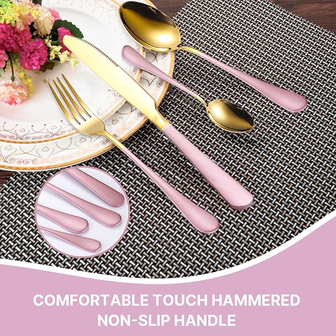 24 Pieces Flatware Set, Caliamary Stainless Steel Flatware Set with Silverware Holder Spoons Forks Knives,Utensils Set Service for 6,Gold Mirror Polished and Matte Pink Painted (Pink)…
