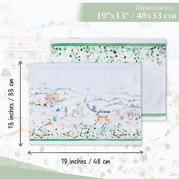 Maison d' Hermine Placemats Set of 4 Reusable 100% Cotton (13"x19") | Cloth Place Mats Washable Table Mats for Kitchen Dining Party Wedding Hotel Home Thanksgiving Christmas - Snowy World