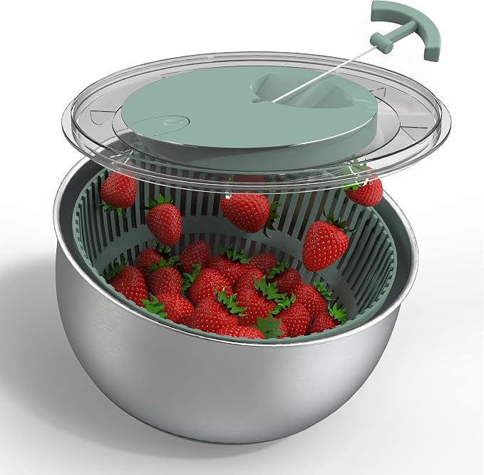 COOK WITH COLOR Stainless Steel Salad Spinner - 5 Qt. Lettuce Washer And Vegetable Spinner Dryer for Easy Salad Prep - Non Slip Base with Pull Handle - Auto Stop Brake System, Stain and Odor Resistant