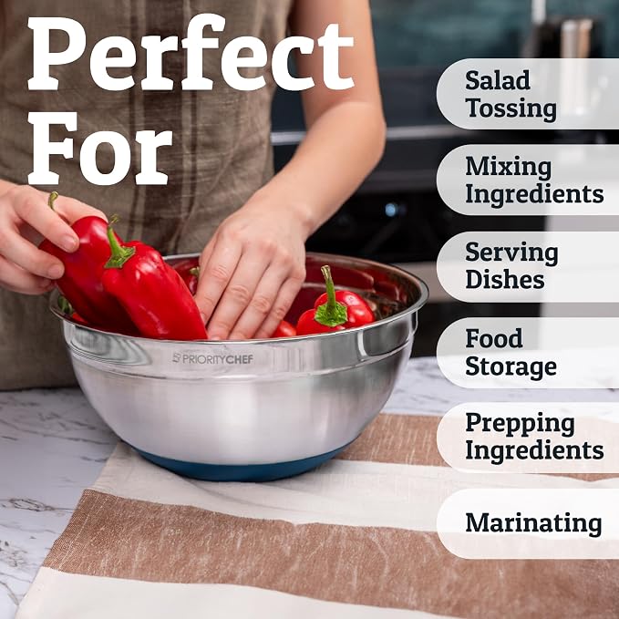 6Pc Stainless Steel Mixing Bowls with Lids Set, Huge 7 Qrt Size Metal Bowl Set for Kitchen, 3 Graters, Non-Slip Bases & Silicone Utensils Set, Blue
