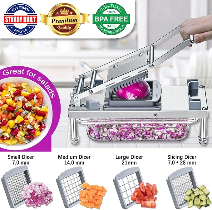 Vegetable Chopper Veggie Cutter Onion Food Potato Dicer with Container | Stainless Steel Construction, Fruit Potato Salad Dicer, Dishwasher Safety, Easy Cleaning, Safety Hand Guards