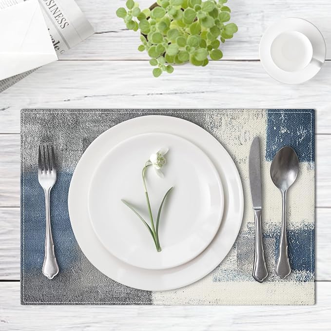 Emvency Farmhouse Placemats Set of 6, 12x18 Inch, Geometric Abstract Blue | Farmhouse Modern Art Painting Table Mats for Outdoor Home Party Kitchen Dining Decoration