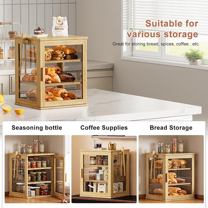 WOWLIVE Bread Box for Kitchen Countertop, 3 Layers Bread Storage Container | Large Bamboo Bread Bin for Homemade Bread with Window, Farmhouse Breadbox Organizer for Cabinet, Natural, Extra Large