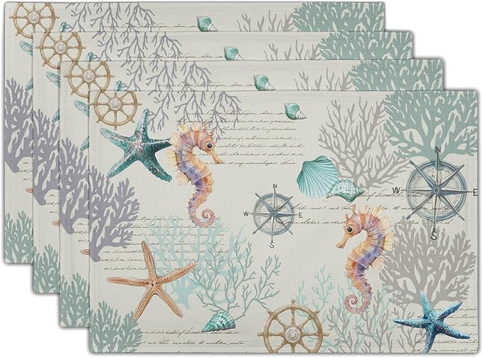 Nautical Placemats Set of 4 Starfish Sea Shell Beach Theme Ocean Coral Washable Non-Slip Heat Resistant 12×18 Inch Seasonal Summer Linen Fabric Table Mat for Party Kitchen Dining